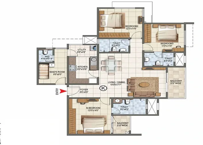 3 BHK floor plan layout at Sobha Kismatpur Hyderabad, From approx. 1,550 sq. ft.