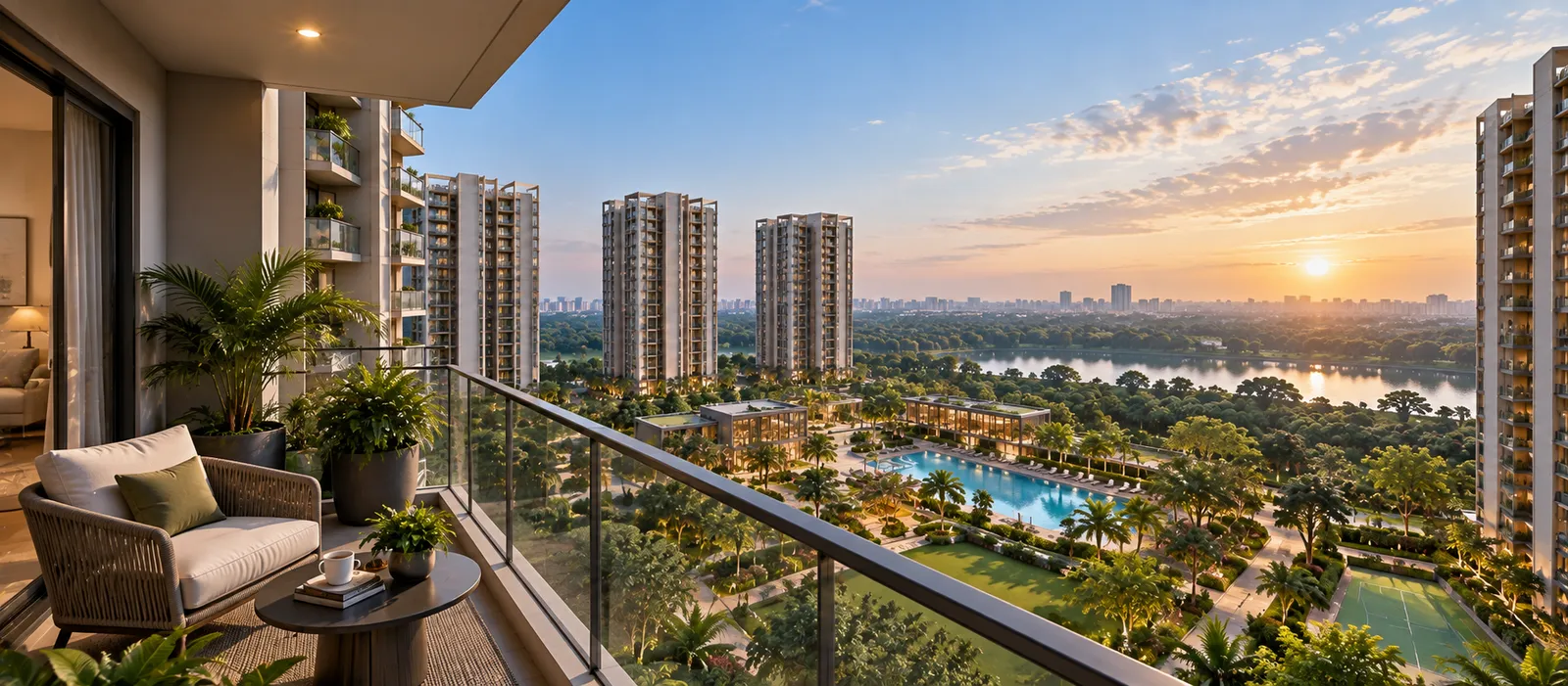 Aerial dusk view of Sobha Kismatpur high-rise towers (artistic impression)
