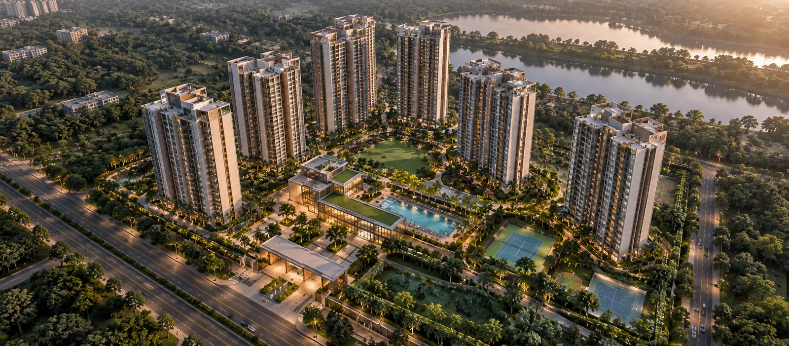 Representational aerial overview of Sobha Kismatpur high-rise towers and landscaped grounds