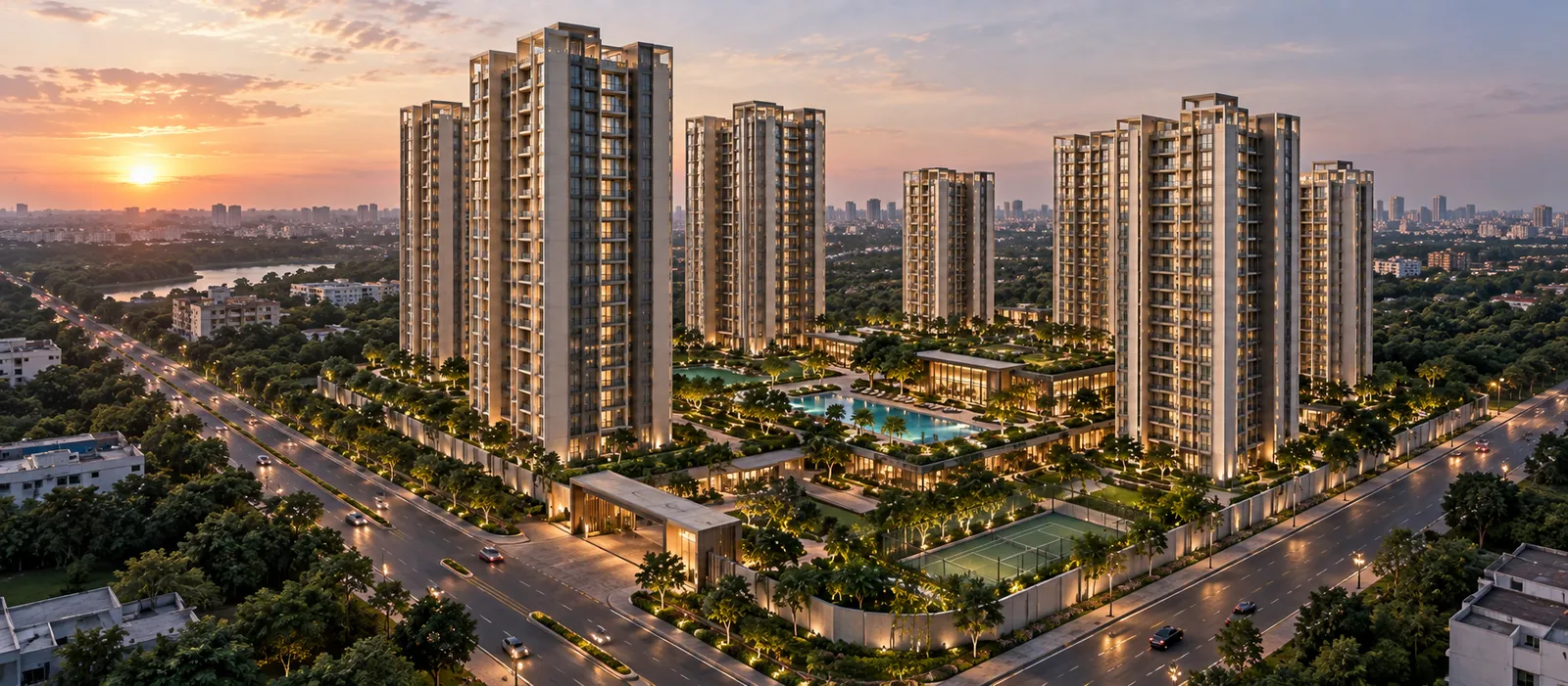 Sobha Kismatpur Landscaped Greens — Representational Landscaped central green representing open spaces at Sobha Kismatpur