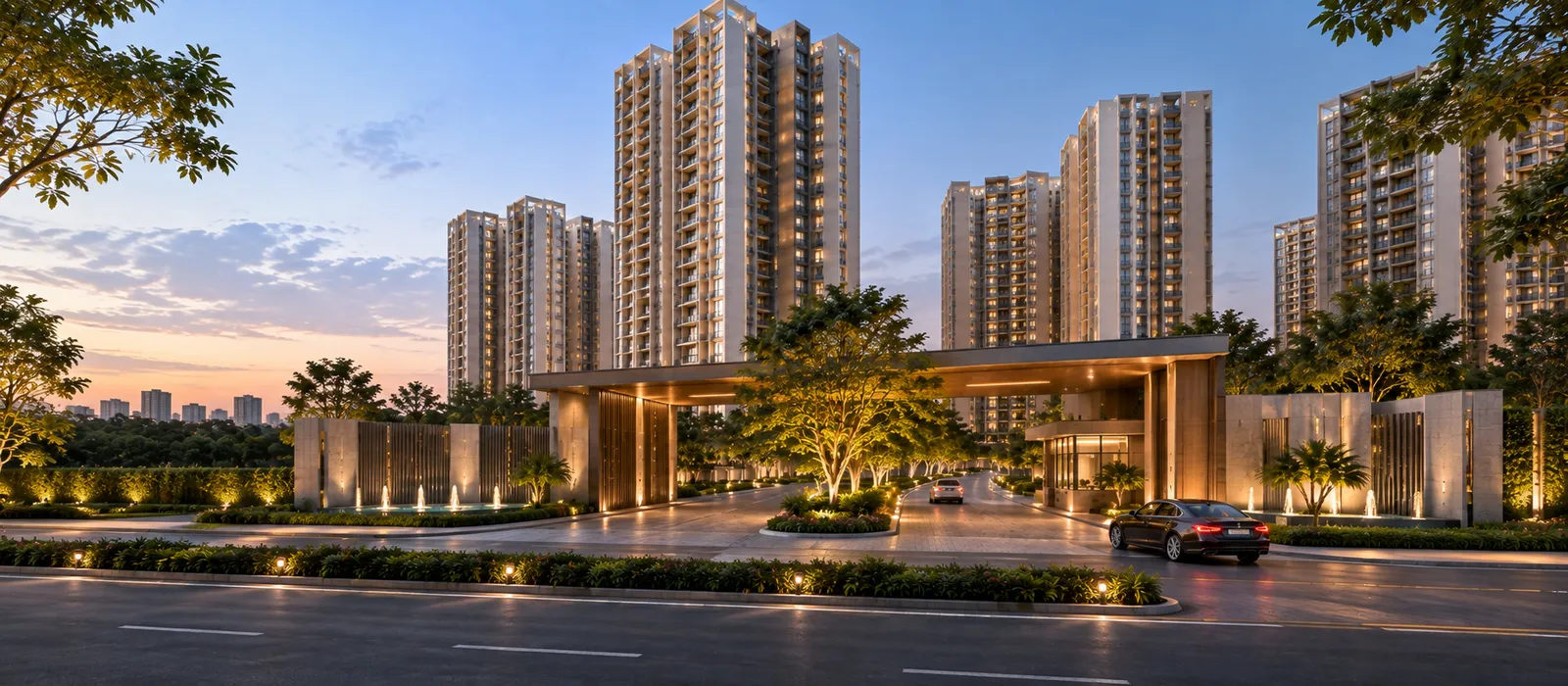 Tree-lined arrival drive at Sobha Kismatpur (artistic impression)