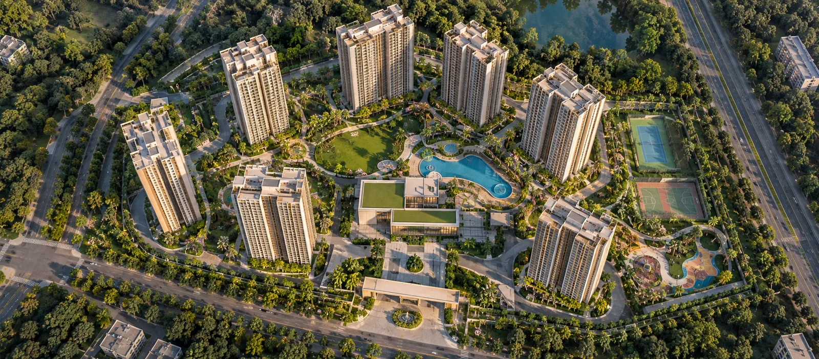 Sobha Kismatpur G+5 Clubhouse — Representational Image Grand clubhouse building and landscaped plaza representing the Sobha Kismatpur G+5 clubhouse
