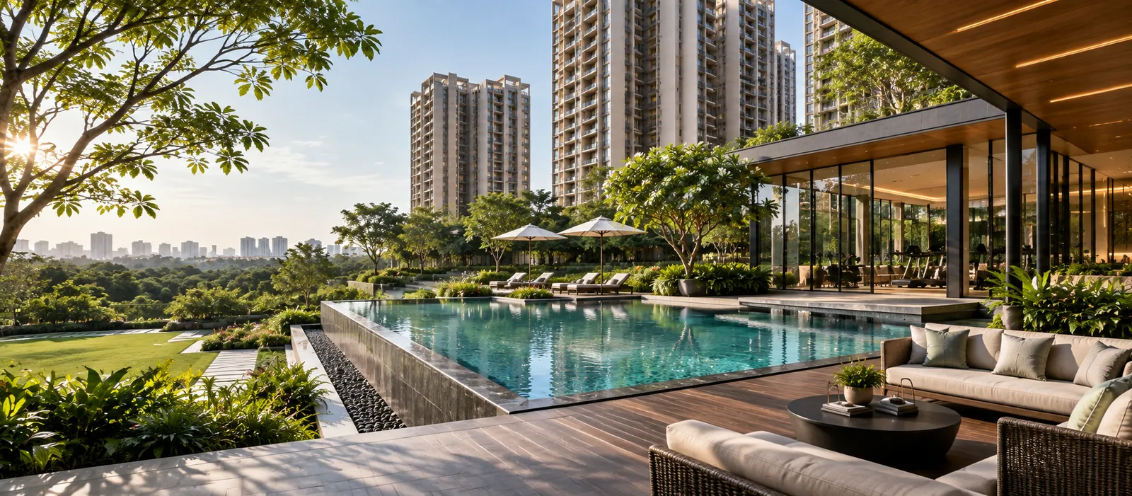 Sobha Kismatpur Poolside Lounge — Representational Poolside lounge deck representing leisure spaces at Sobha Kismatpur