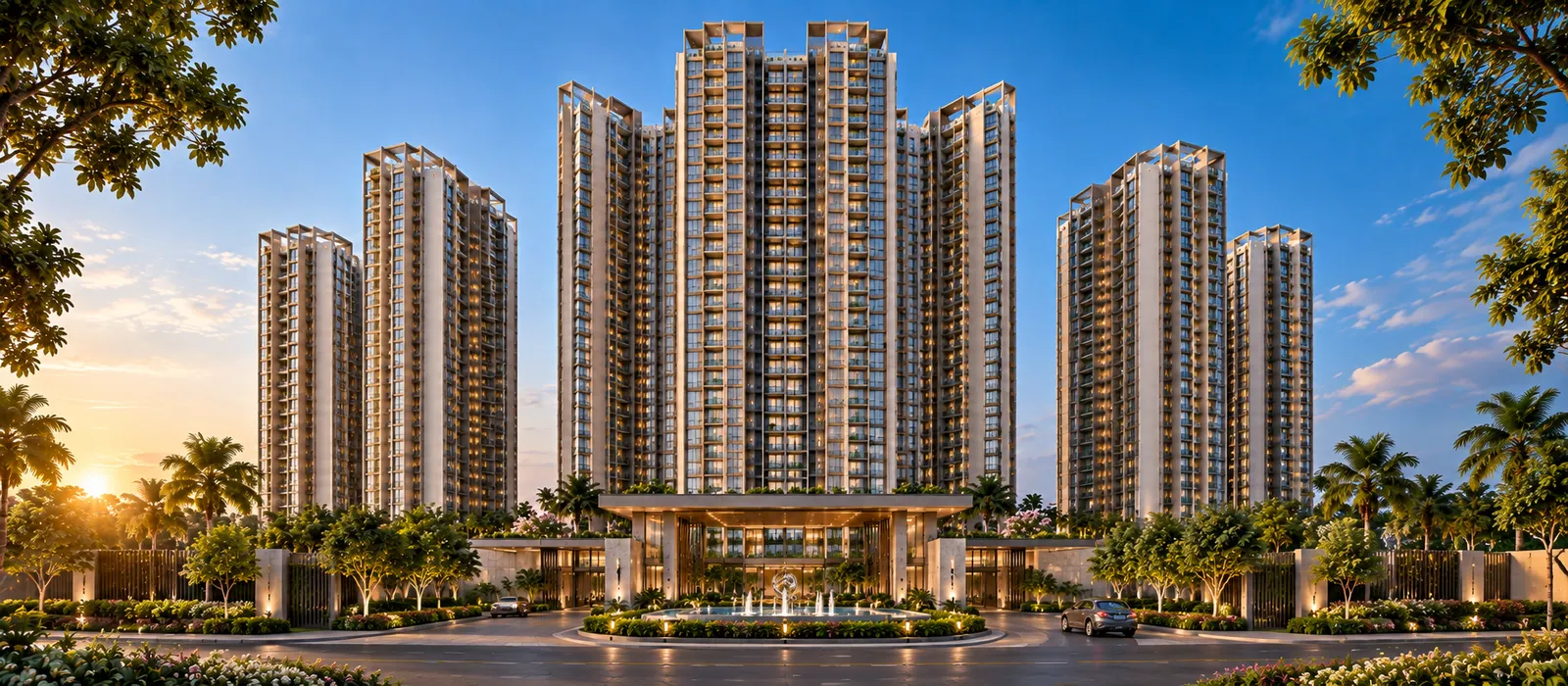 Illuminated 56-floor towers of Sobha Kismatpur at night (artistic impression)